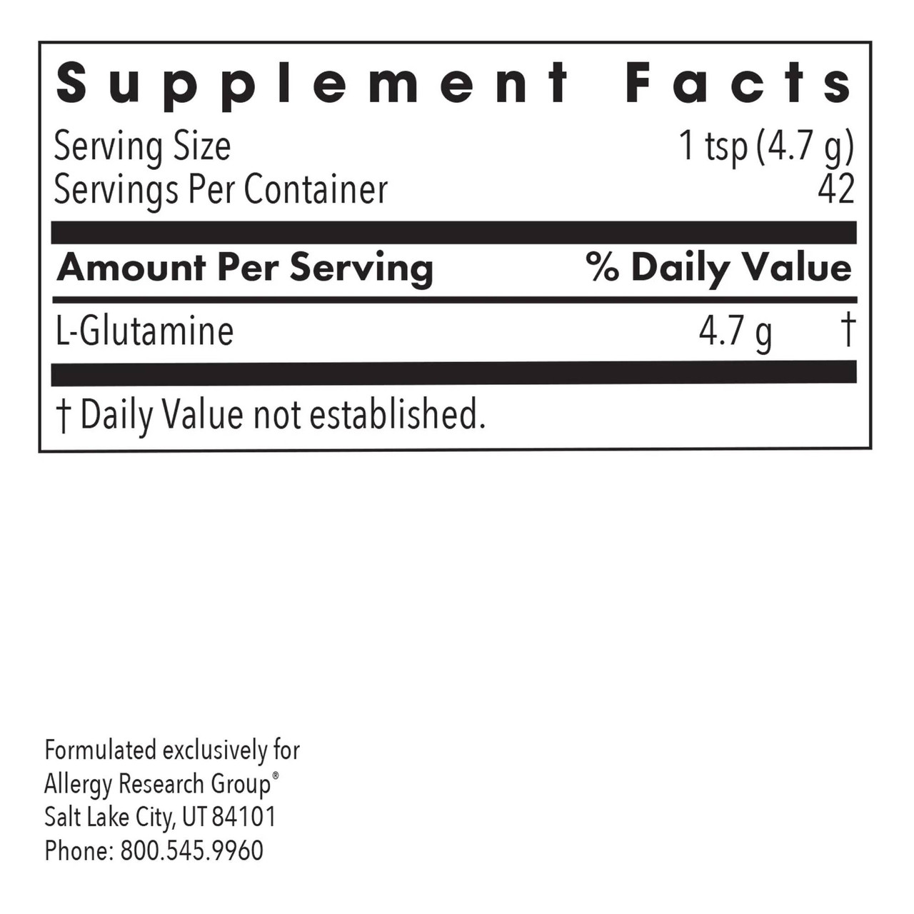 L-Glutamine supplement facts panel, 1 teaspoon serving