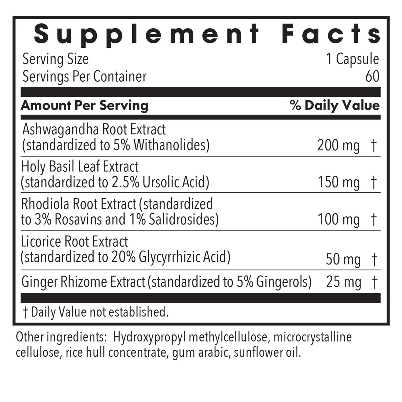 Herbal Adapt supplement facts with ashwagandha, holy basil, rhodiola, licorice and ginger extracts
