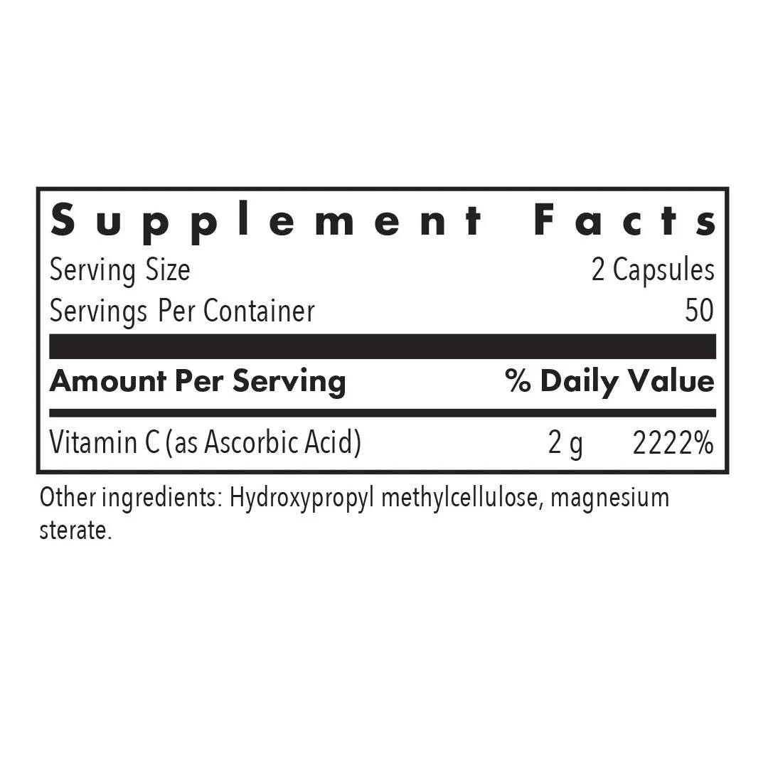 Pure Vitamin C supplement facts, 2 g vitamin C as ascorbic acid per 2 capsules