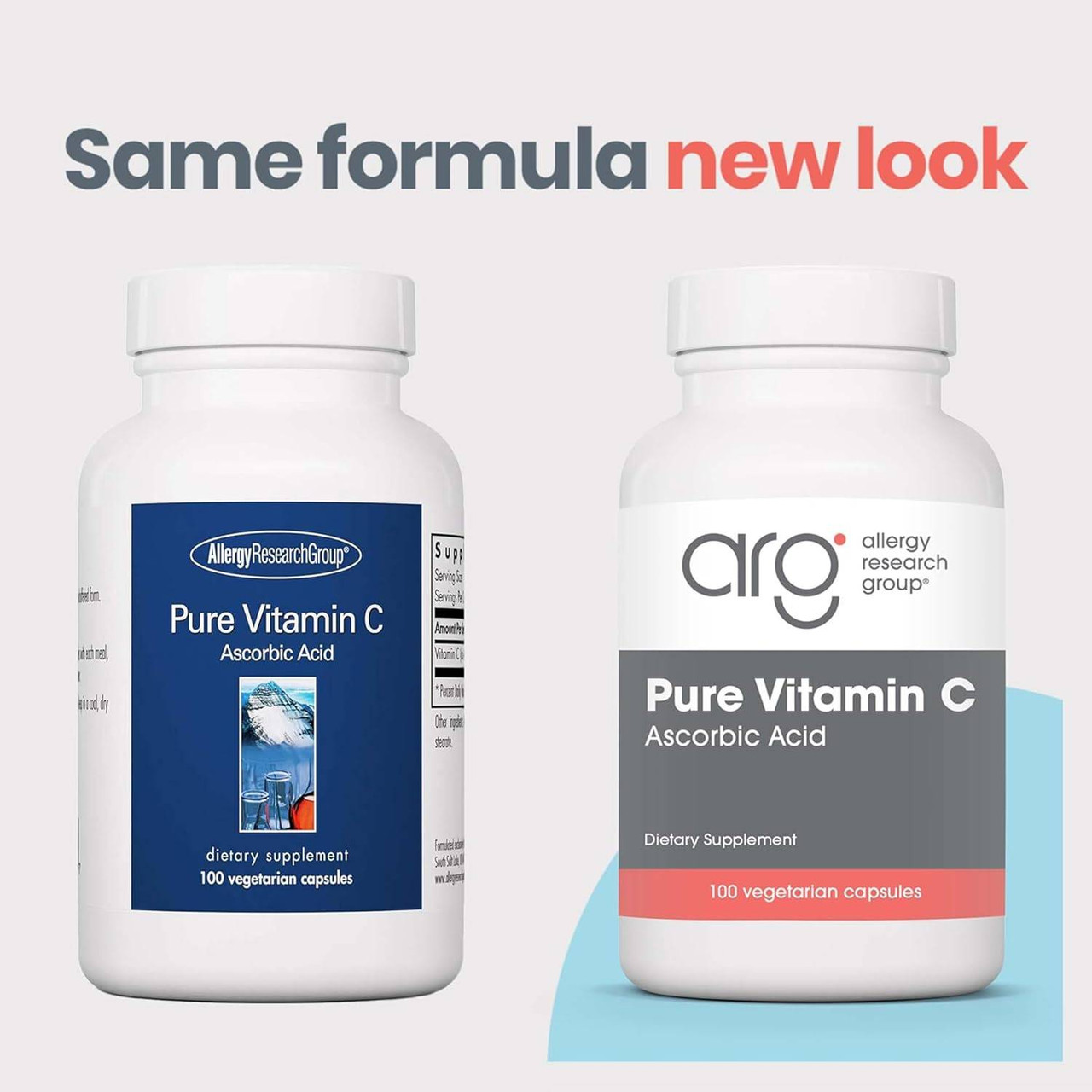 Old and new Pure Vitamin C bottles, same formula new look