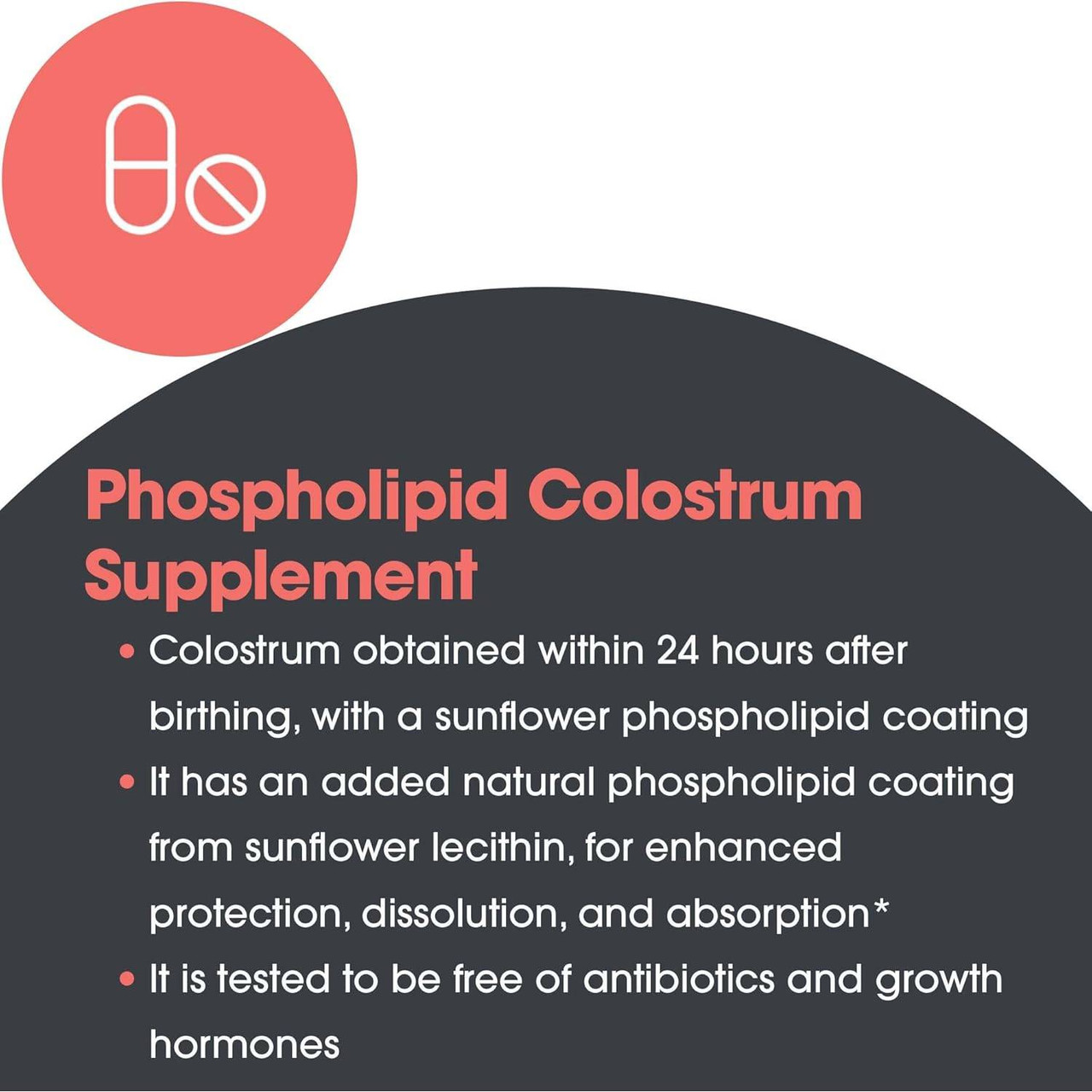 Phospholipid Colostrum sourcing and sunflower lecithin coating details graphic