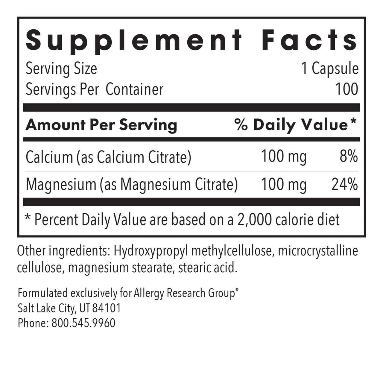 Calcium Magnesium Citrate supplement facts, 100 mg calcium and 100 mg magnesium per capsule