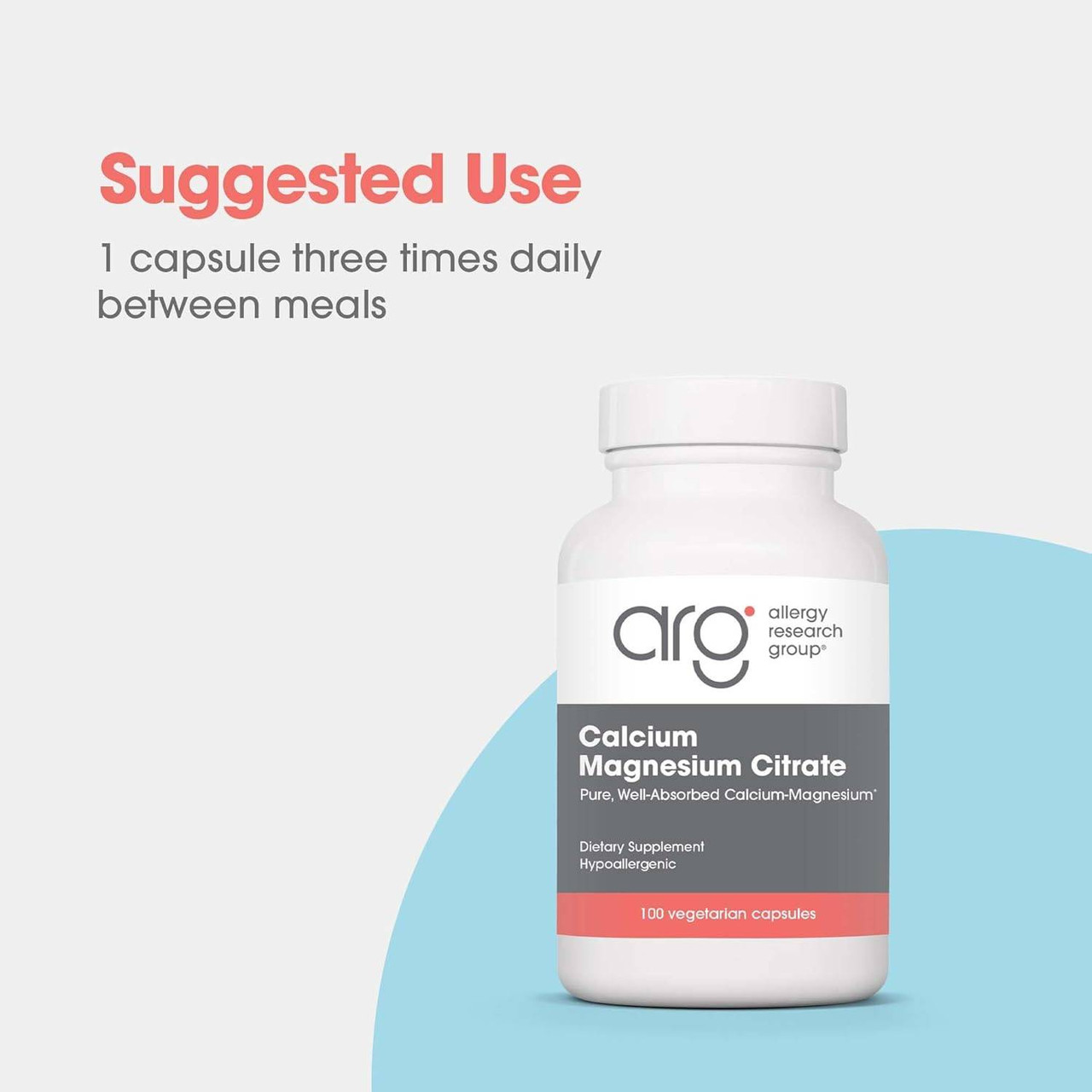 Calcium Magnesium Citrate bottle, suggested use 1 capsule three times daily between meals