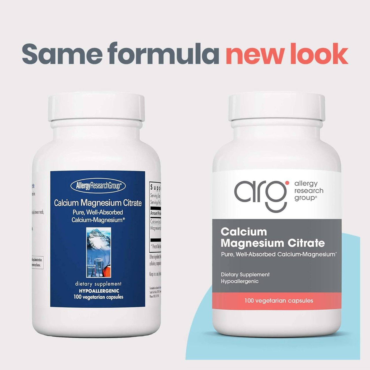Old and new Calcium Magnesium Citrate bottles, same formula new look