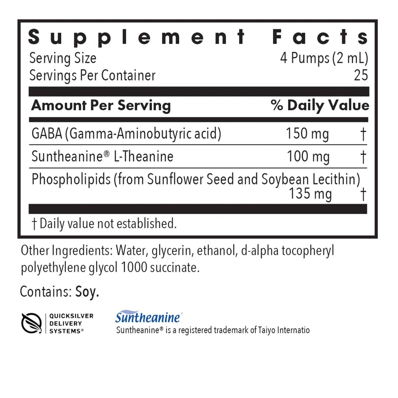 Liposomal Zen supplement facts, GABA, Suntheanine L-theanine and phospholipids per 4 pumps