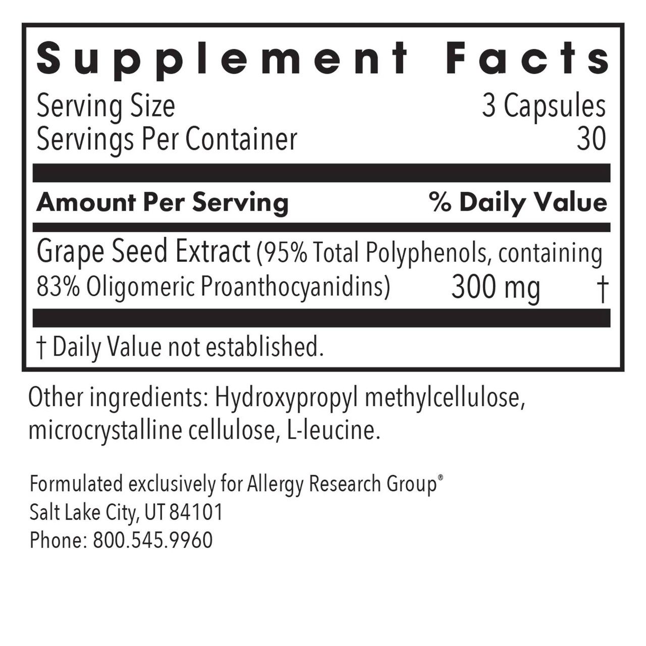 Grape Pips supplement facts, 300 mg grape seed extract per 3 capsules