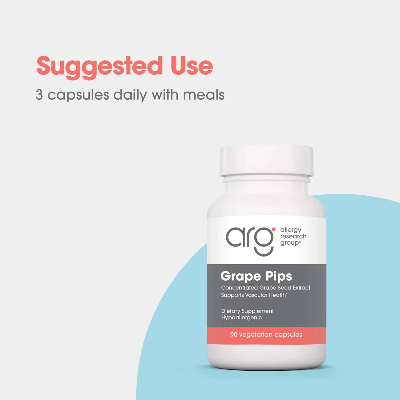Grape Pips bottle, suggested use 3 capsules daily with meals