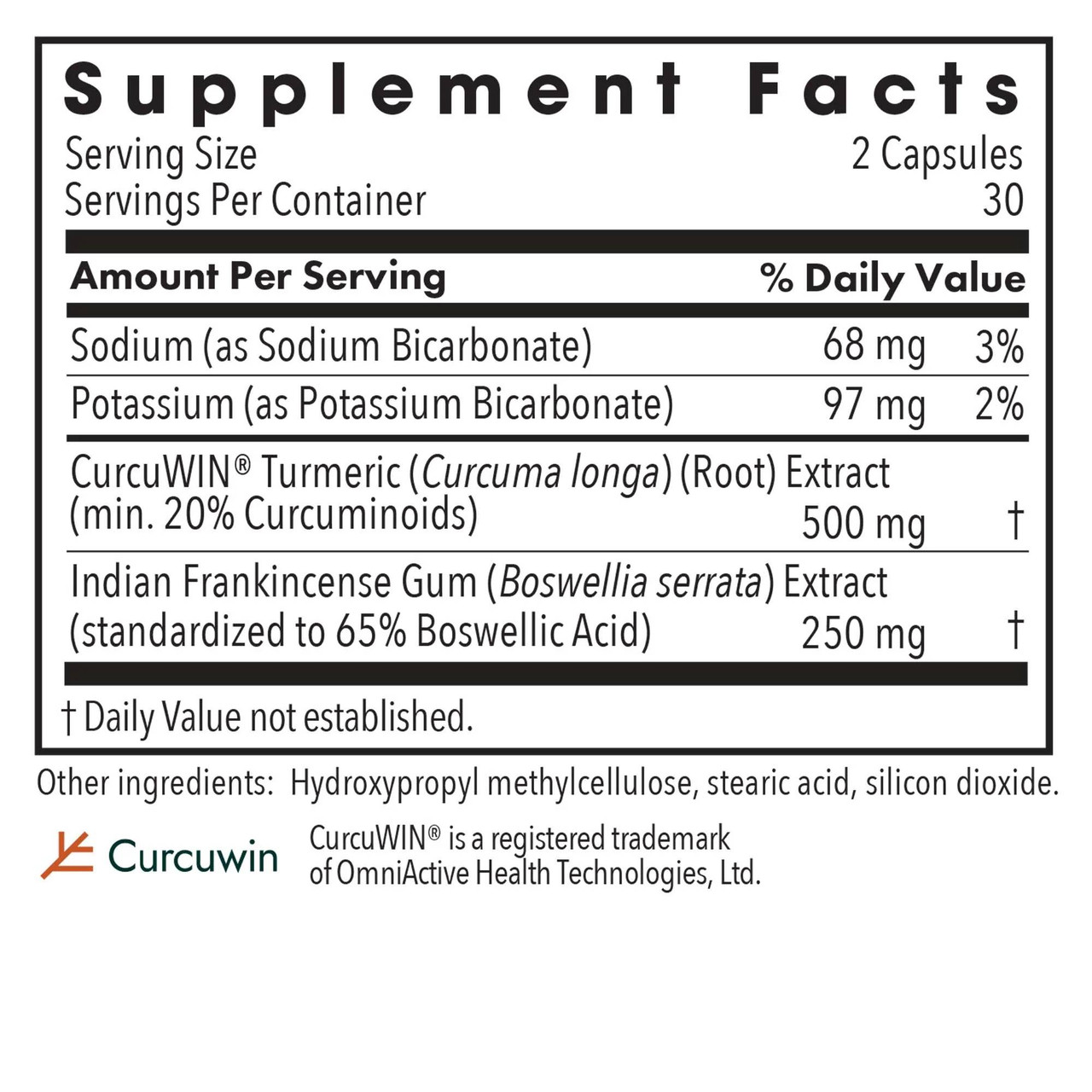 Herxheimer Support supplement facts with sodium and potassium bicarbonate, CurcuWIN turmeric and boswellia
