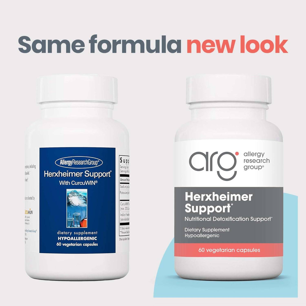 Old and new Herxheimer Support bottles, same formula new look