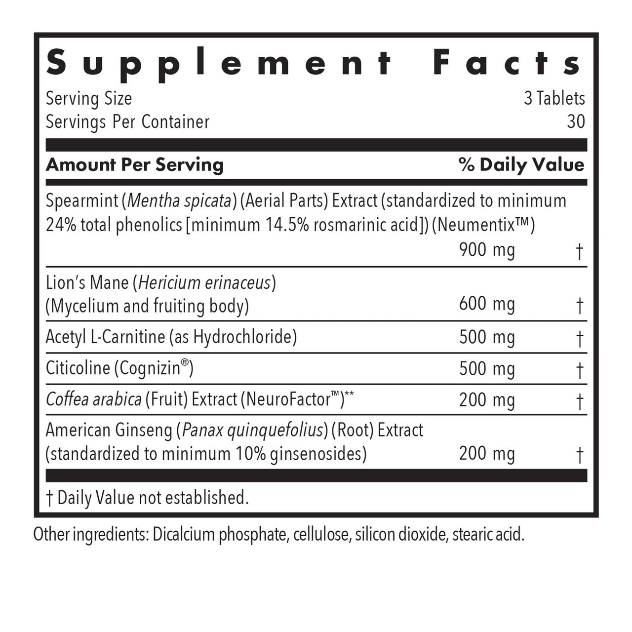 Advanced NeuroPlus supplement facts with spearmint, lion's mane, acetyl L-carnitine, citicoline and ginseng