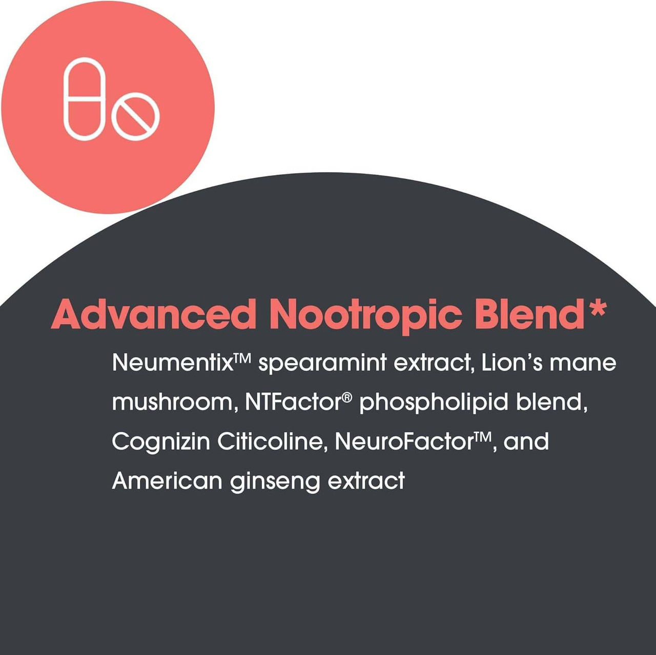 Advanced nootropic blend graphic listing Neumentix, lion's mane, NTFactor, Cognizin and ginseng