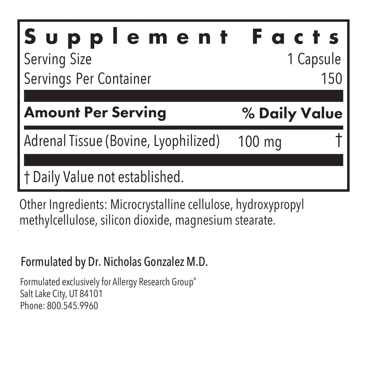 Adrenal Natural Glandular supplement facts panel