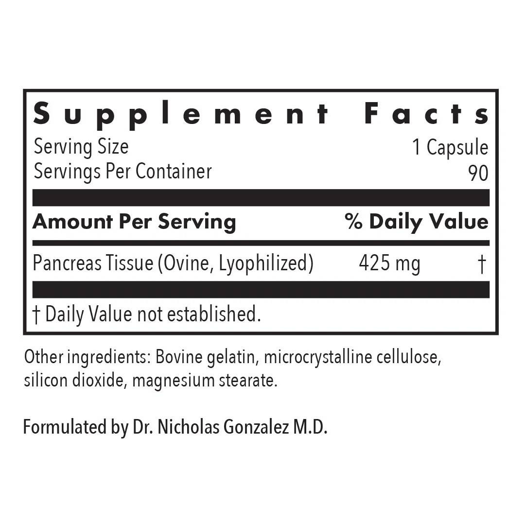 Pancreas supplement facts panel, 425 mg per capsule