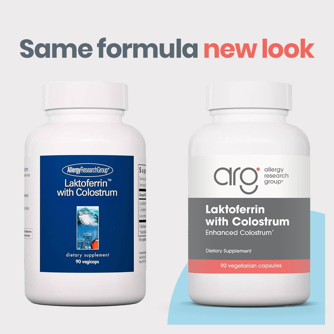 Old and new Laktoferrin with Colostrum bottles, same formula new look