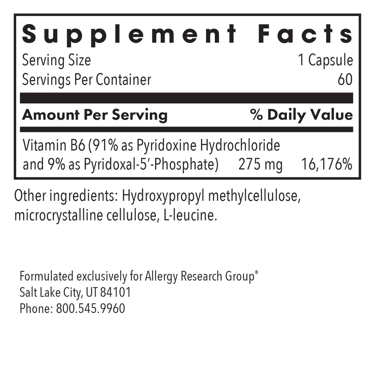 Pyridoxine P5P supplement facts, 275 mg vitamin B6 per capsule