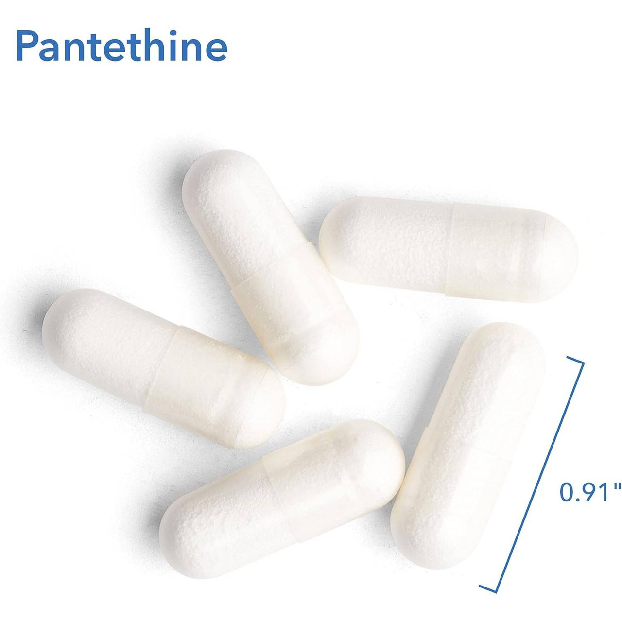 Pantethine capsules beside a 0.91 inch size marker
