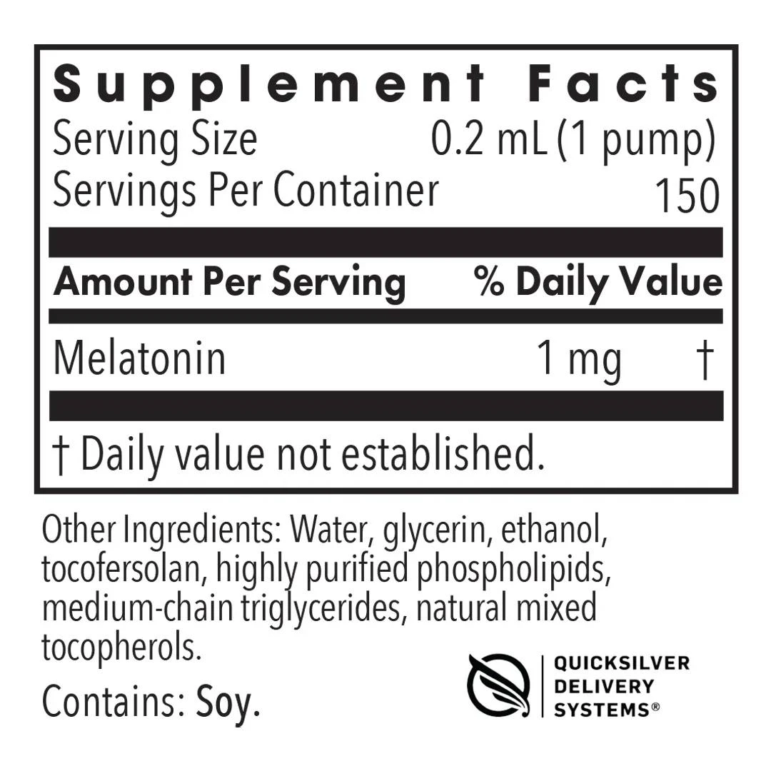 Liposomal Melatonin supplement facts, 1 pump serving, 1 mg melatonin, contains soy