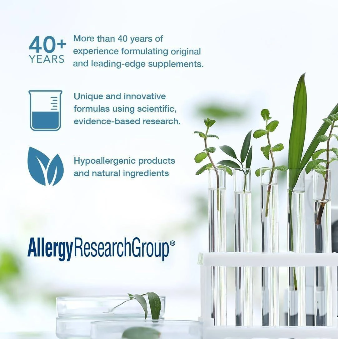 Allergy Research Group 40+ years quality points beside test tubes with seedlings