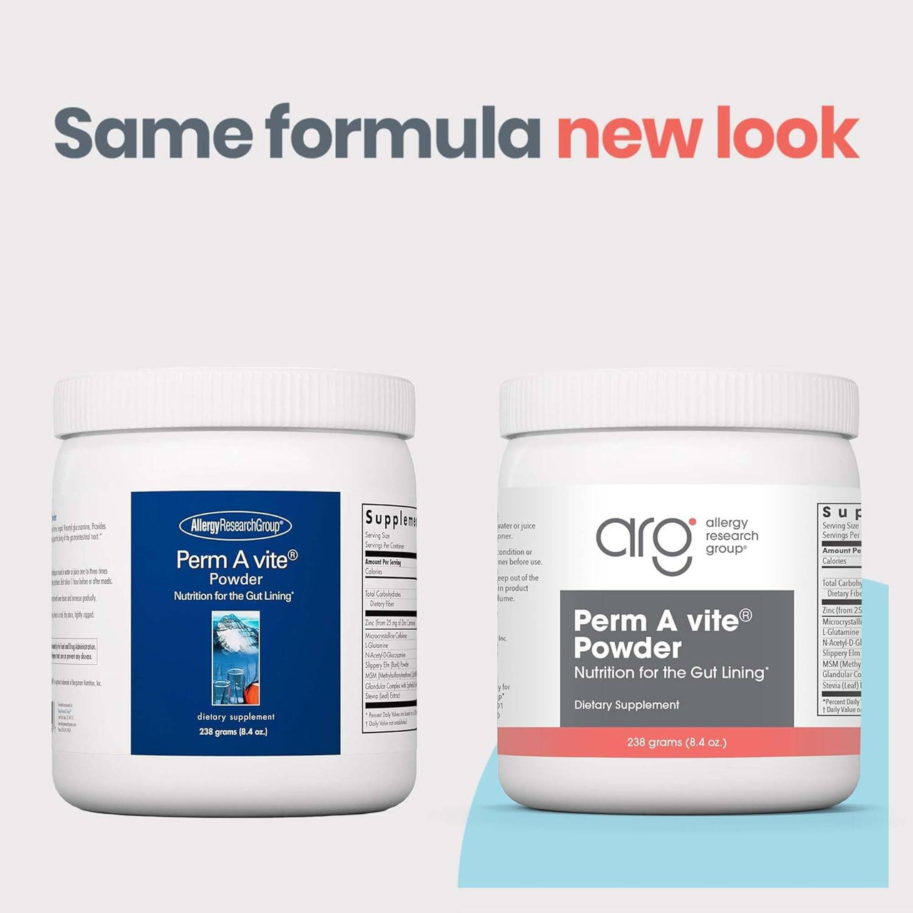 Old and new Perm A vite Powder bottles, same formula new look