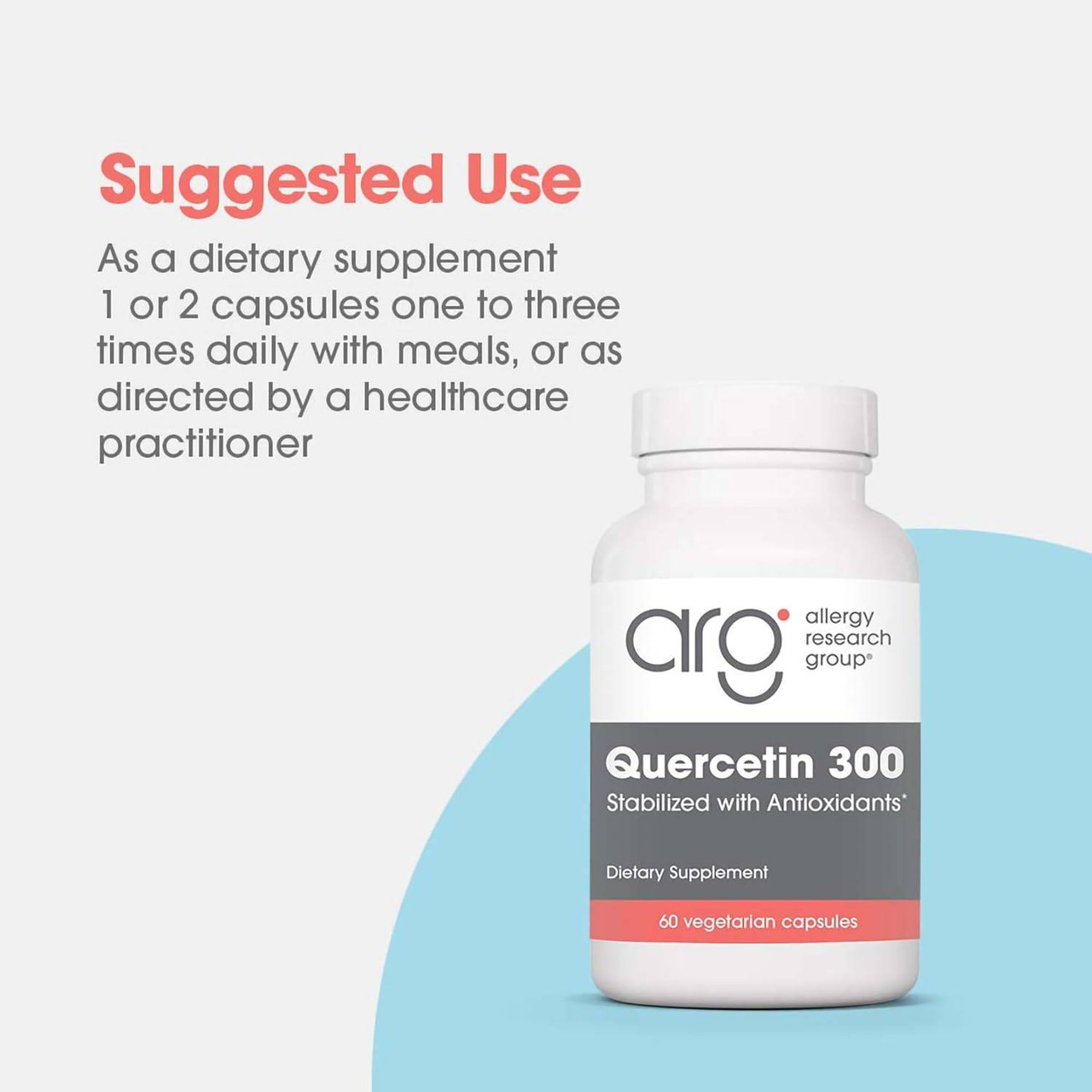 Quercetin 300 bottle, suggested use 1 or 2 capsules one to three times daily with meals