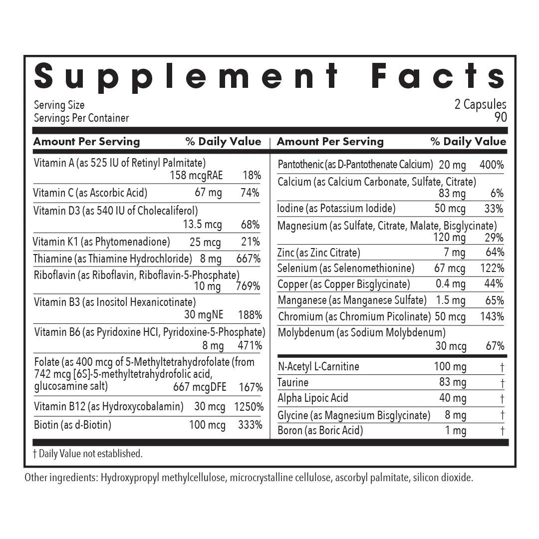 MVM-A supplement facts with vitamins, minerals, N-acetyl-L-carnitine and alpha lipoic acid