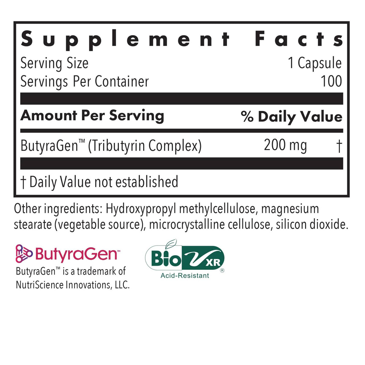 ButyrEn supplement facts, 200 mg ButyraGen tributyrin complex per capsule