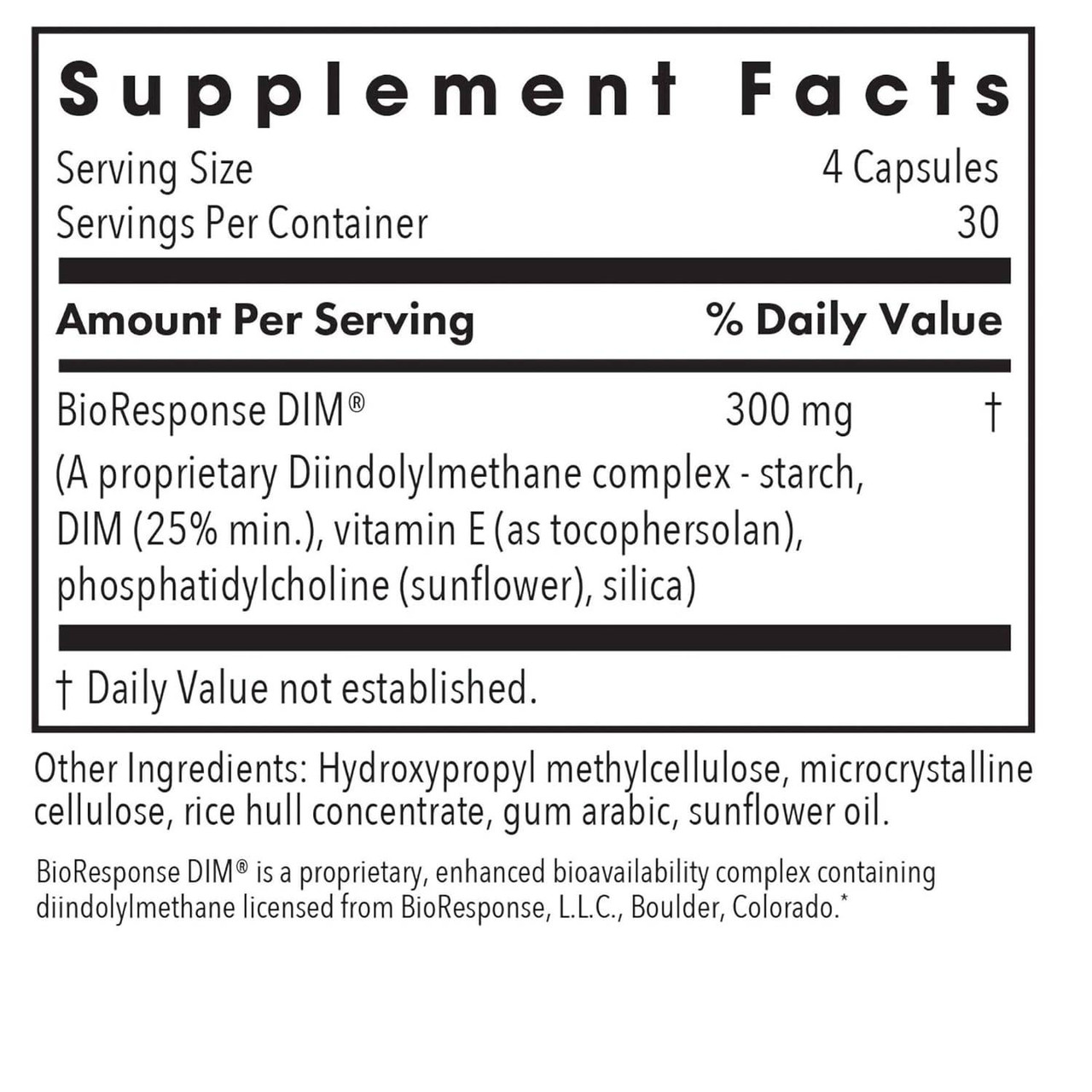 DIM Enhanced Delivery System supplement facts panel, 4 capsule serving