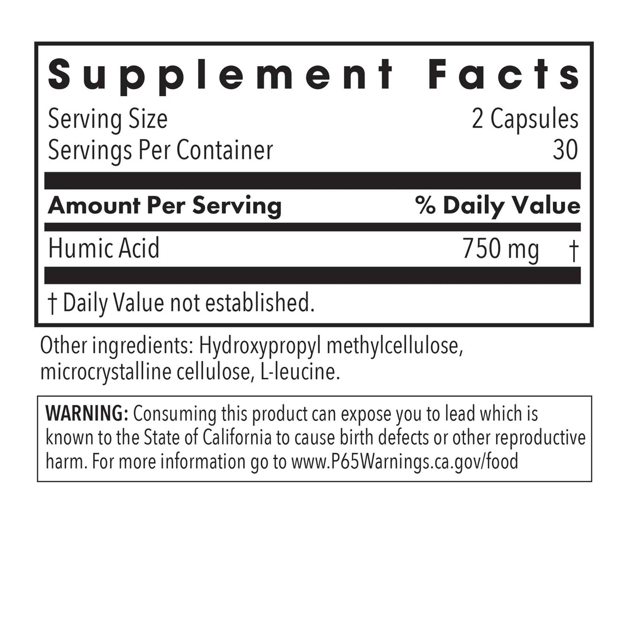 Humic Acid supplement facts panel