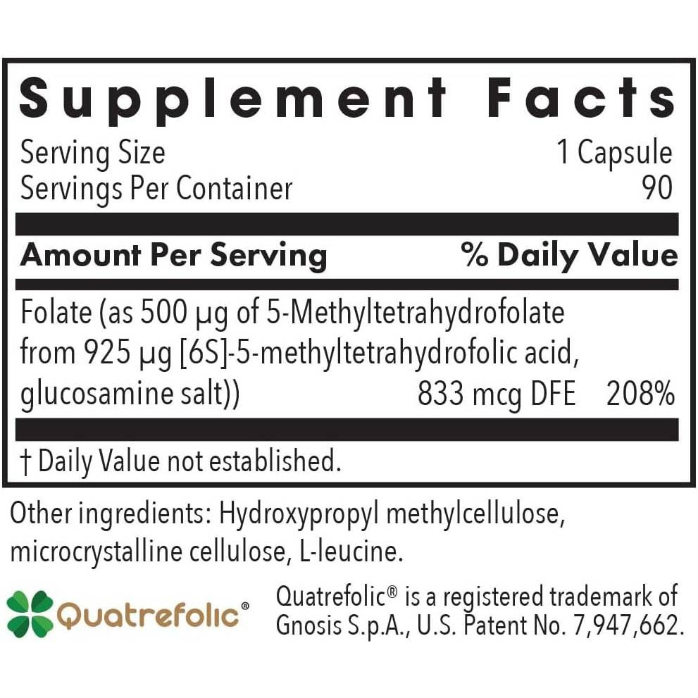 QuatreActiv Folate supplement facts panel, 833 mcg DFE per capsule
