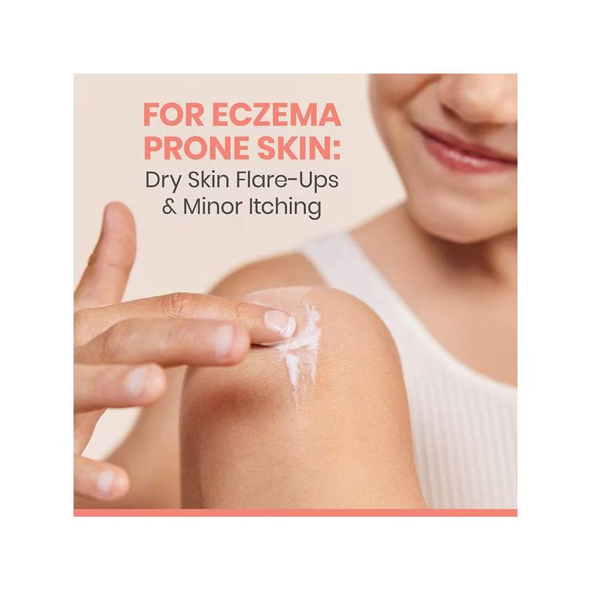 Woman applying balm to her shoulder, for eczema prone skin graphic