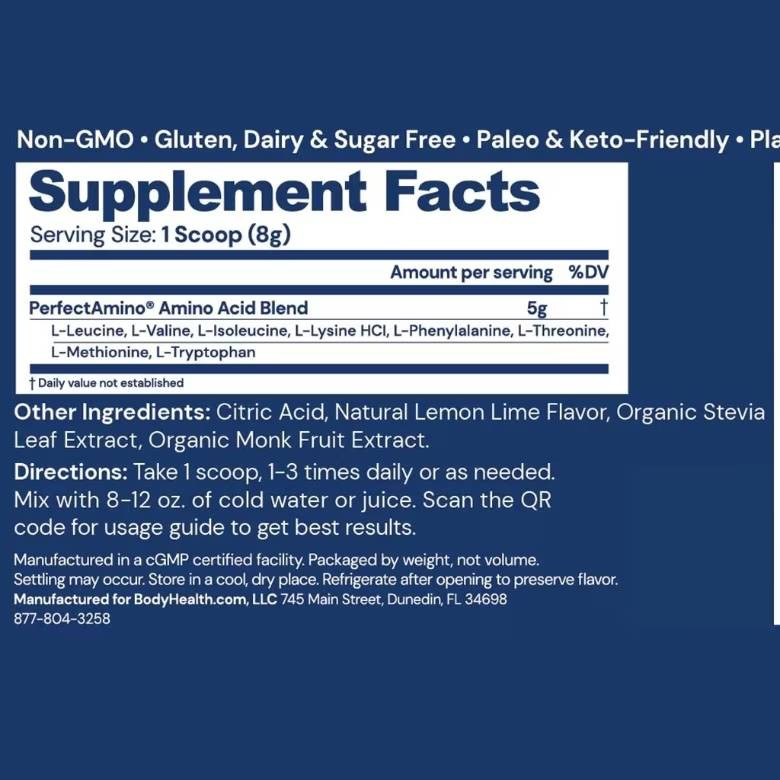 Supplement facts for PerfectAmino Lemon Lime with an 8 g scoop