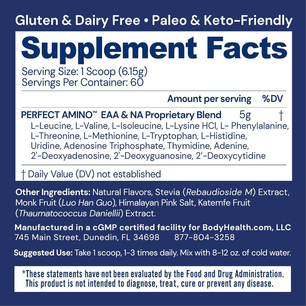 Supplement facts for PerfectAmino Powder Chocolate, 60 servings