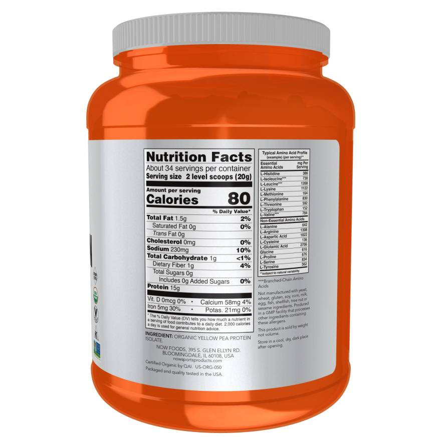 Back of Organic Pea Protein tub with nutrition facts panel