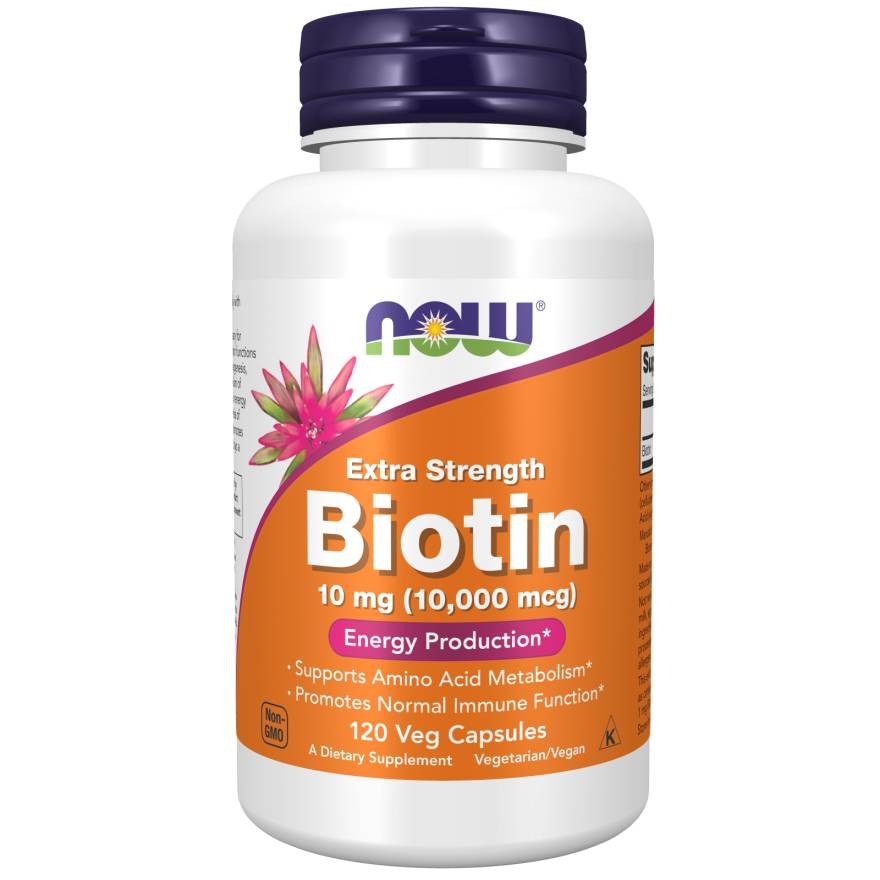 NOW Foods Biotin 10 mg (10,000 mcg) extra strength 120 veg capsule bottle