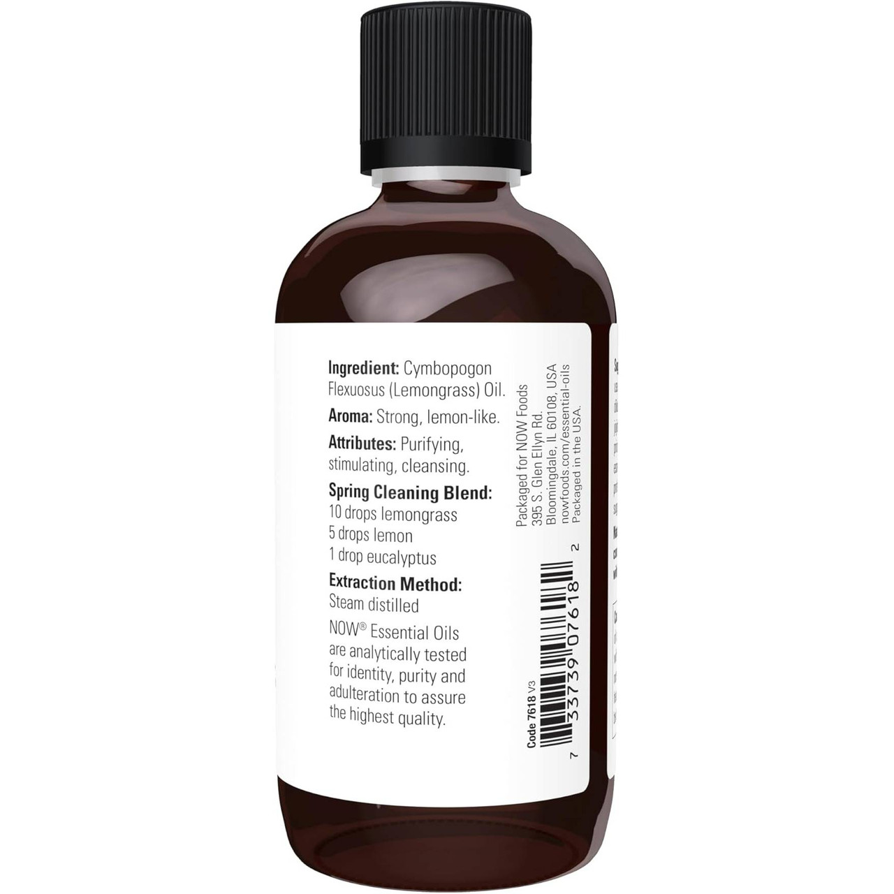Back of Lemongrass essential oil bottle with ingredients, aroma and attributes