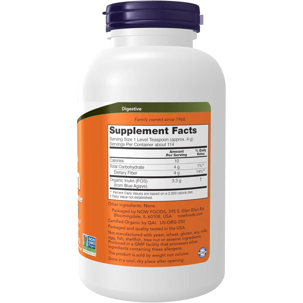 Inulin powder jar back with supplement facts
