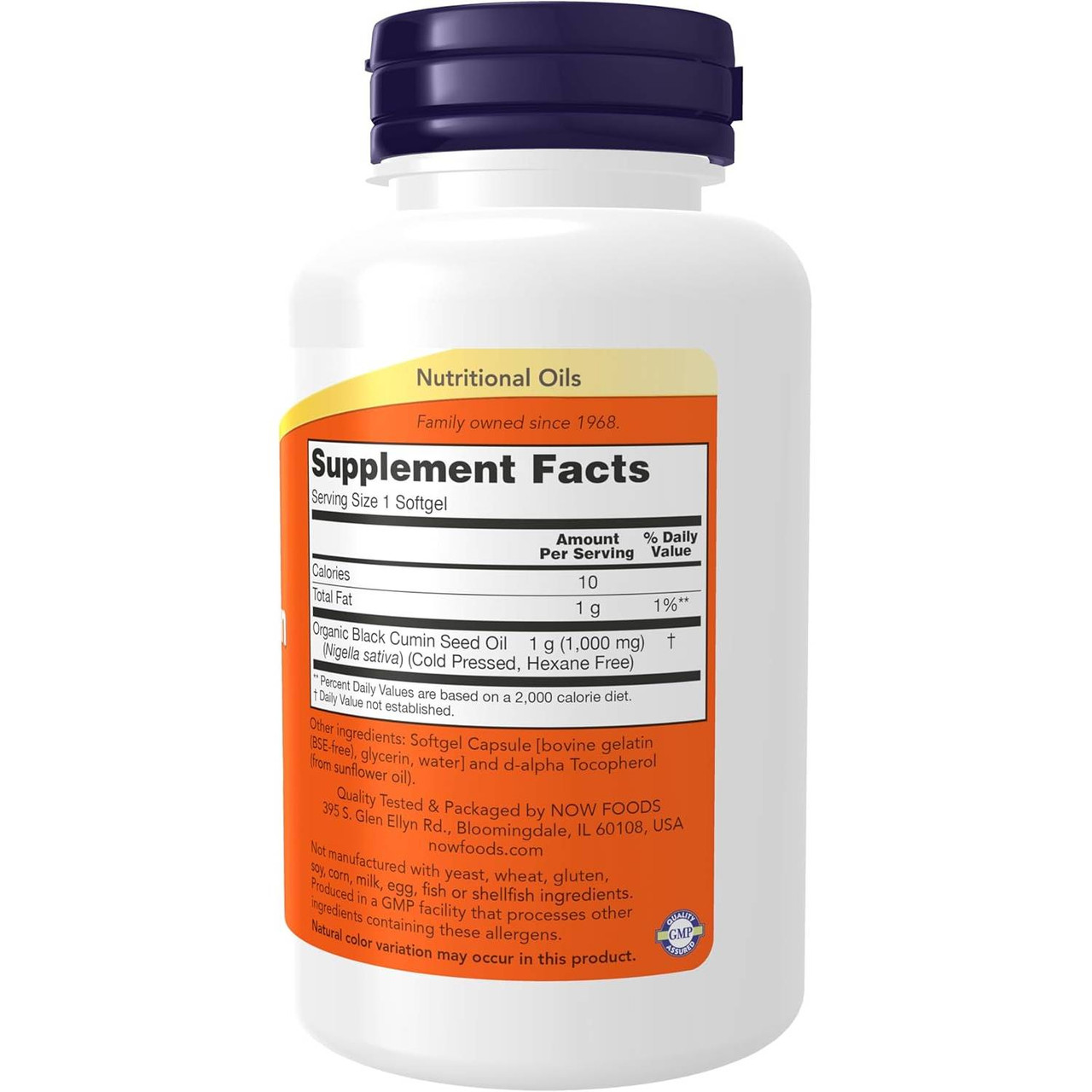 Black Cumin Seed Oil bottle back with supplement facts label