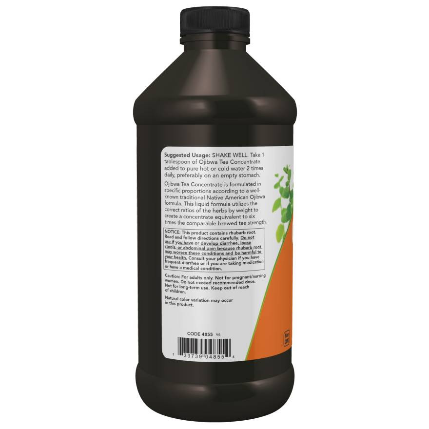 Back of Ojibwa Tea concentrate bottle with suggested use and label text