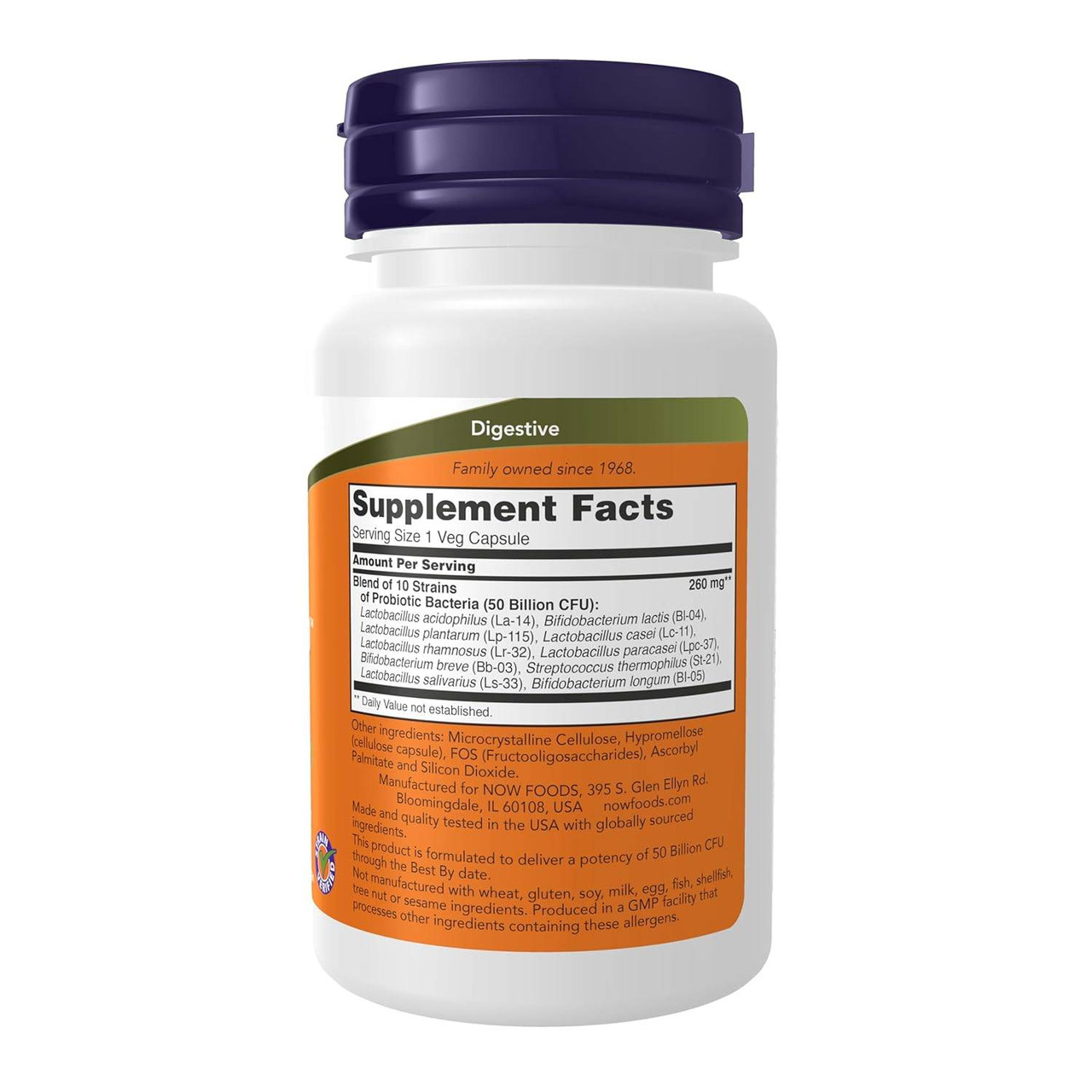 Back of Probiotic-10 50 Billion bottle with supplement facts panel