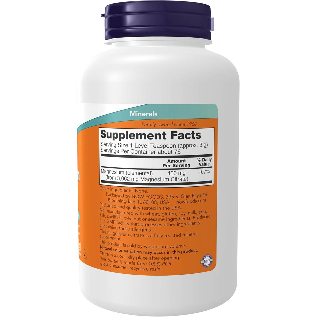 Back of Magnesium Citrate powder bottle with supplement facts panel