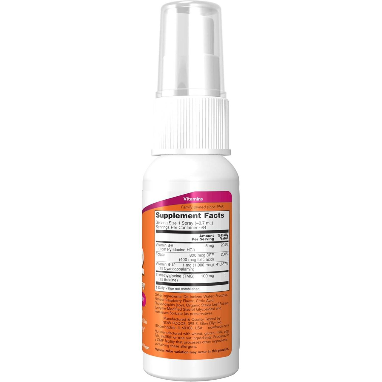 Back of B-12 Liposomal Spray bottle with supplement facts panel