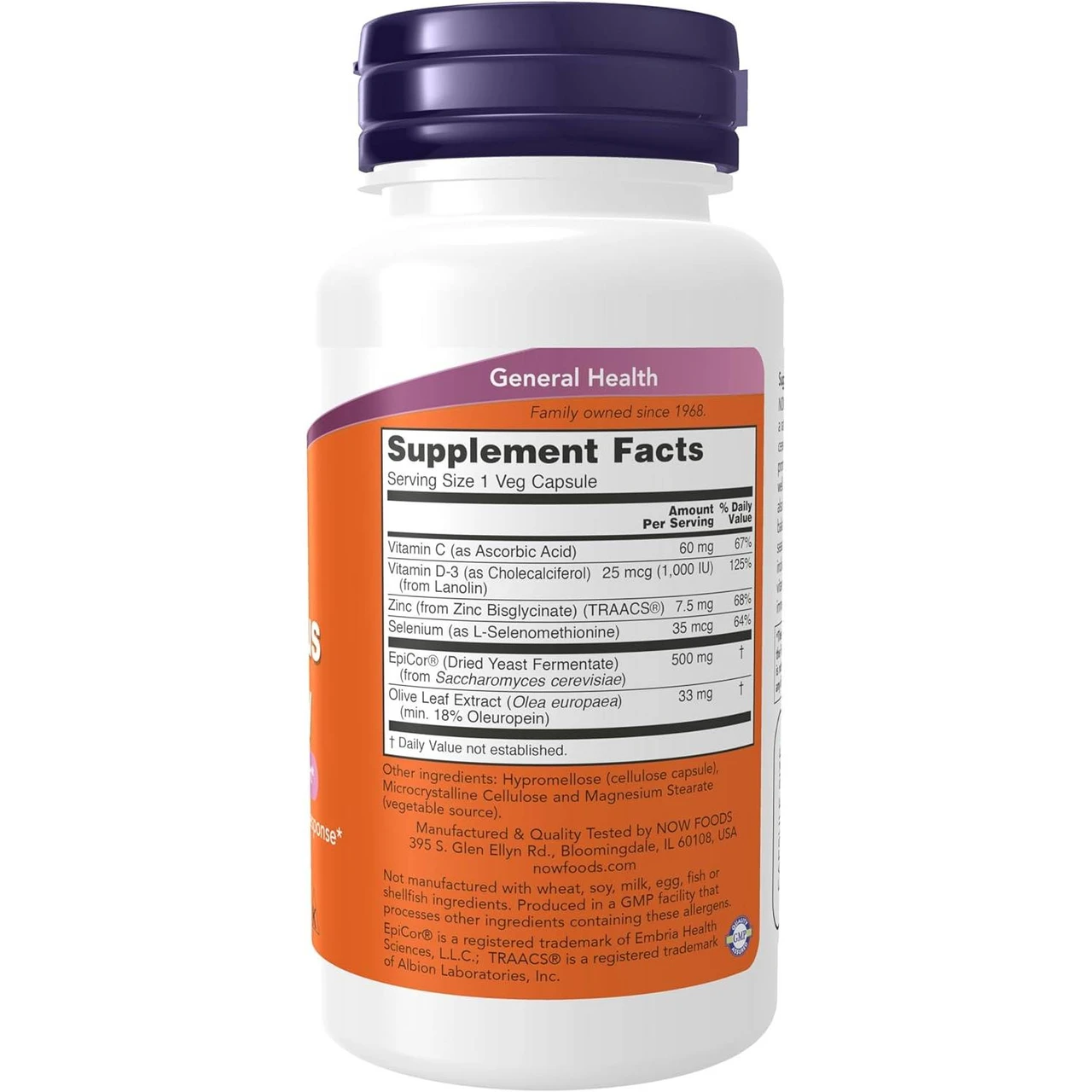 Back of EpiCor Plus Immunity bottle with supplement facts panel