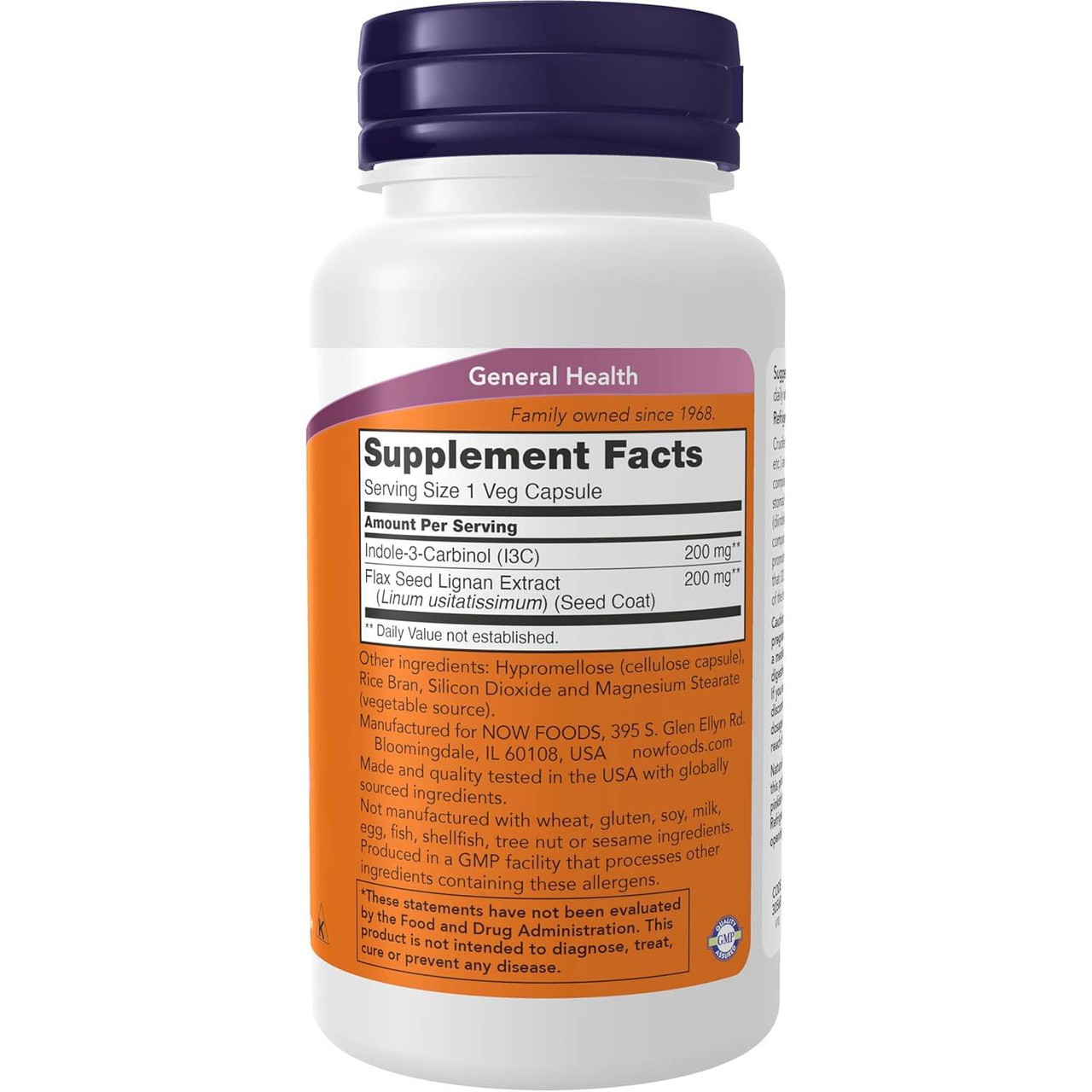 Back of Indole-3-Carbinol bottle with supplement facts panel