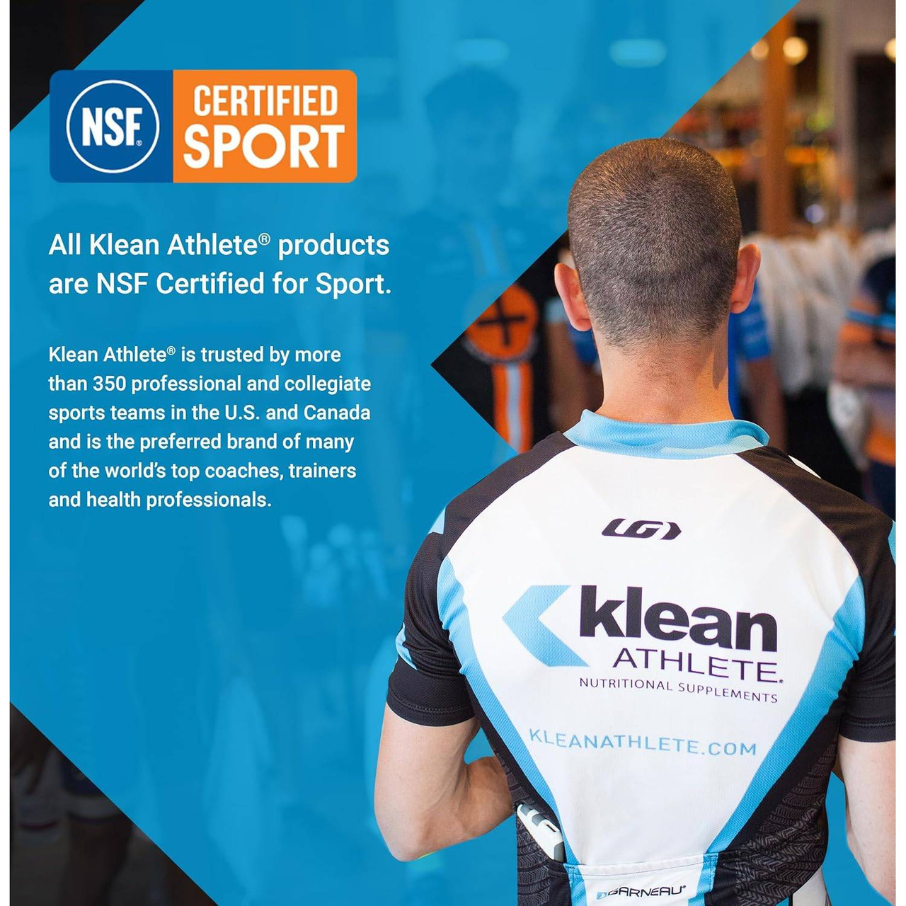 Athlete in a Klean Athlete jersey, all products NSF Certified for Sport graphic