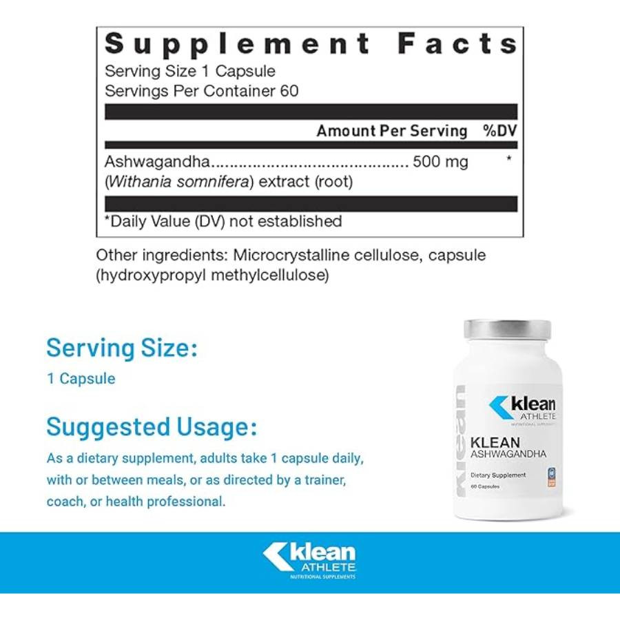 Klean Ashwagandha supplement facts with serving size and suggested usage