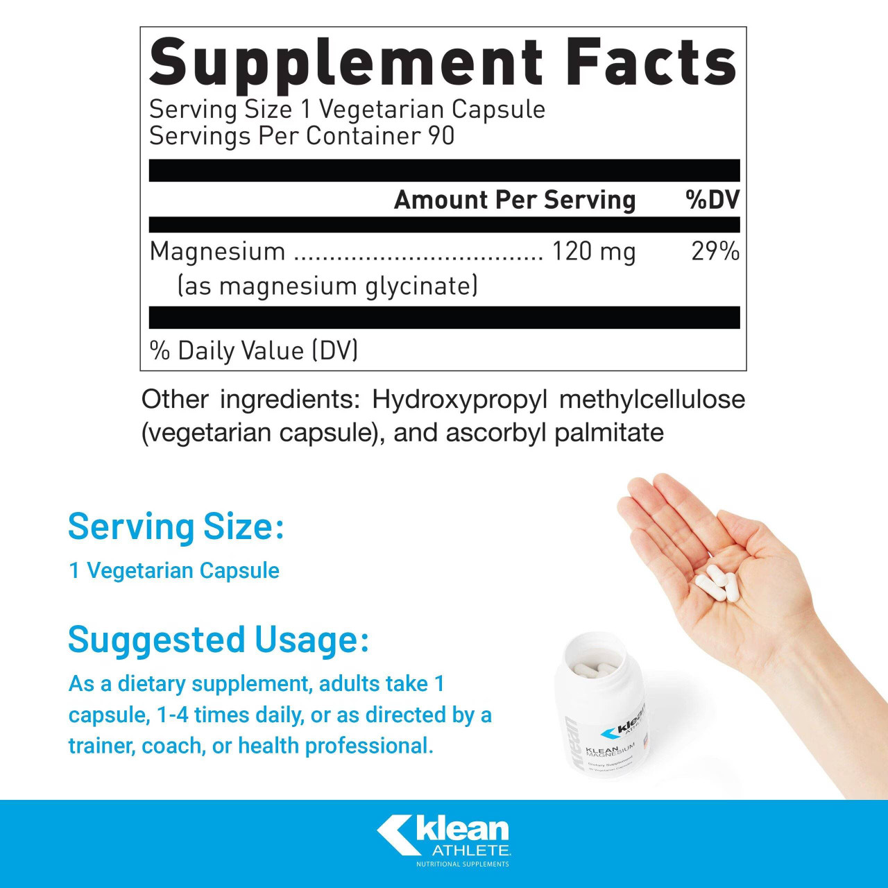 Klean Magnesium supplement facts panel with serving size and suggested usage