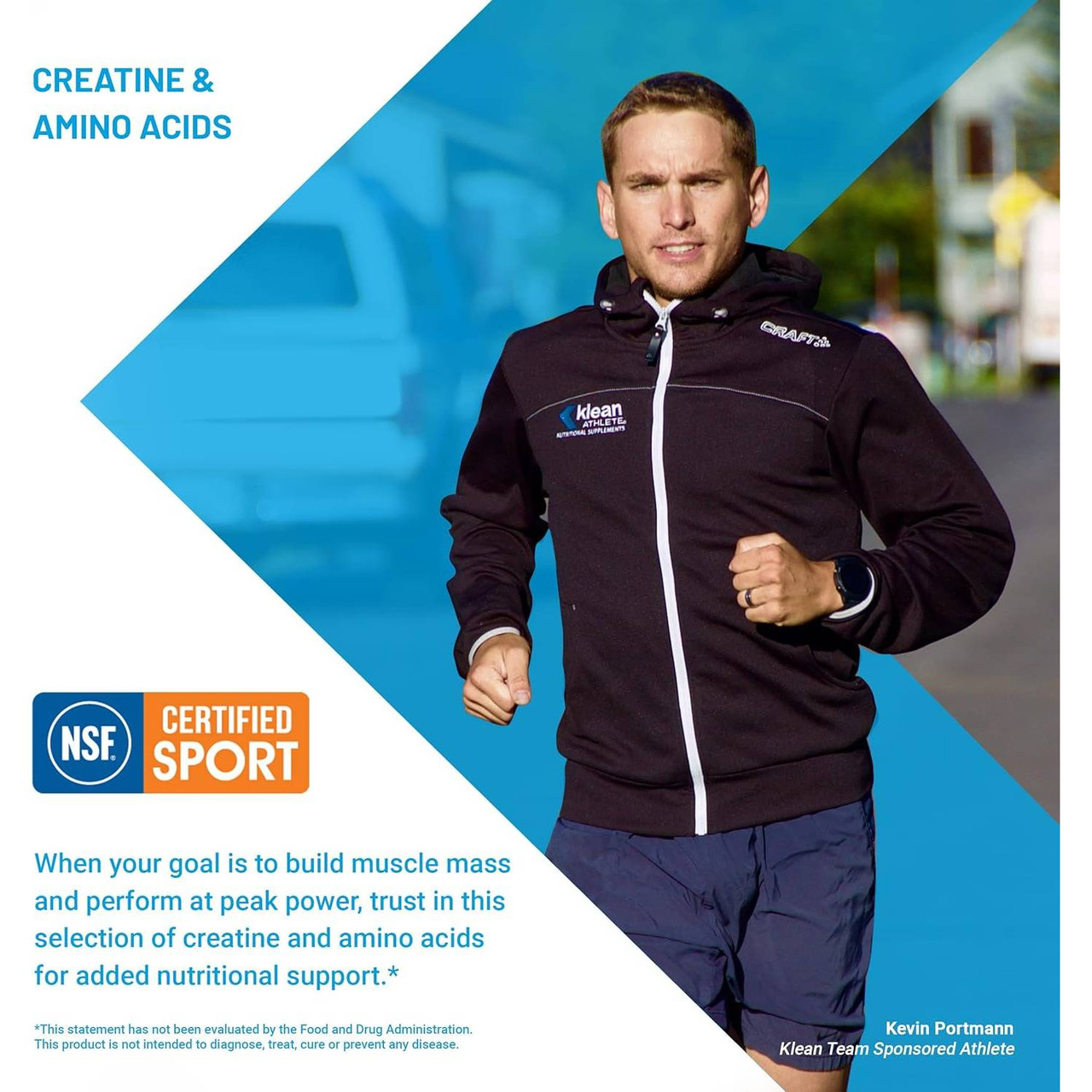 Athlete in a Klean Athlete jacket, creatine & amino acids graphic with NSF Certified for Sport logo