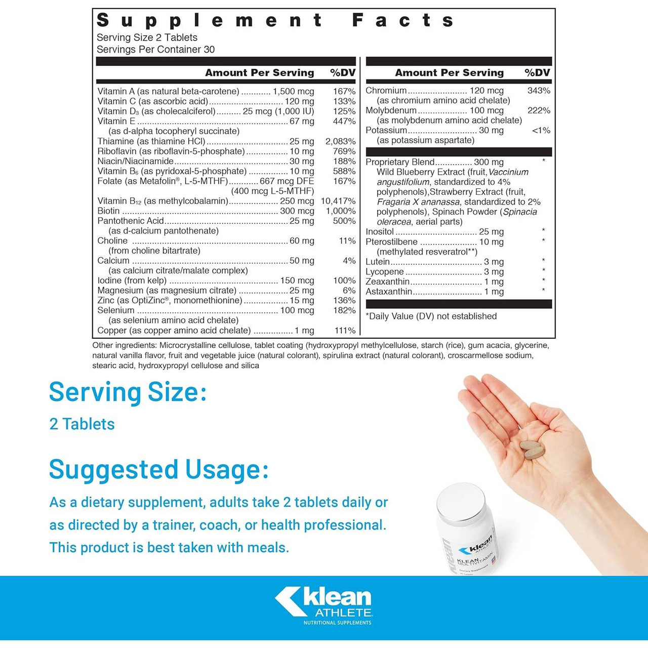 Klean Multivitamin supplement facts with serving size and suggested usage