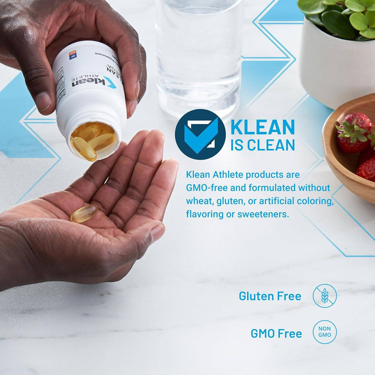 Pouring softgels into a hand, Klean is clean graphic, GMO-free, no wheat, gluten or artificial additives