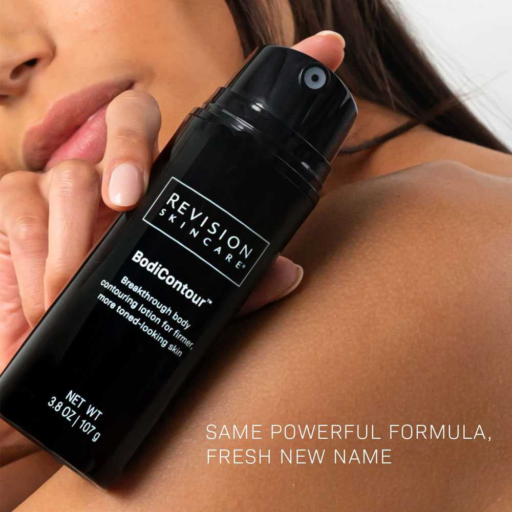 Woman holding Revision BodiContour, same powerful formula fresh new name text
